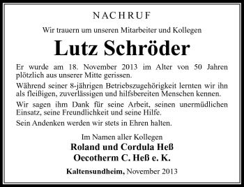 Traueranzeige von Lutz Schröder von Südthüringer Presse