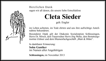 Traueranzeige von Cleta Sieder von Südthüringer Presse