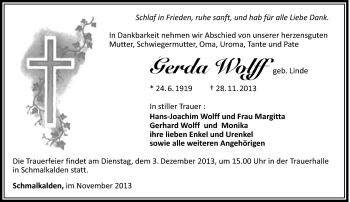 Traueranzeige von Gerda Wolff von Südthüringer Presse
