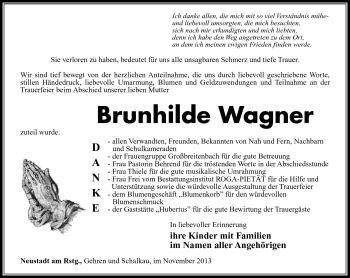 Traueranzeige von Brunhilde Wagner von Südthüringer Presse