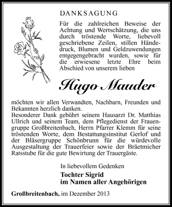 Traueranzeige von Hugo Mauder von Südthüringer Presse