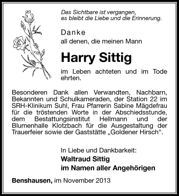 Traueranzeige von Harry Sittig von Südthüringer Presse