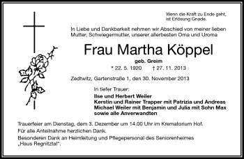 Traueranzeige von Martha Köppel von Frankenpost