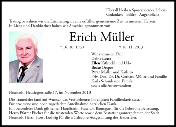 Traueranzeige von Erich Müller von Neue Presse Coburg