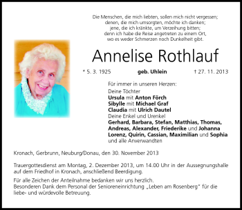 Traueranzeige von Annelise Rothlauf von Neue Presse Coburg