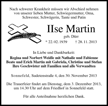 Traueranzeige von Ilse Martin von Neue Presse Coburg