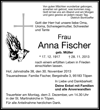 Traueranzeige von Anna Fischer von Frankenpost