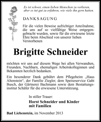 Traueranzeige von Brigitte Schneider von Südthüringer Presse