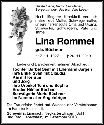 Traueranzeige von Lina Rommel von Südthüringer Presse