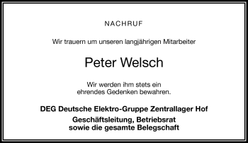 Traueranzeige von Peter Welsch von Frankenpost