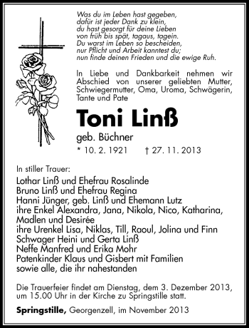 Traueranzeige von Toni Linß von Südthüringer Presse