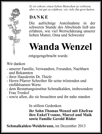 Traueranzeige von Wanda Wenzel von Südthüringer Presse