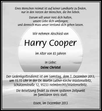 Traueranzeige von Harry Cooper von Frankenpost
