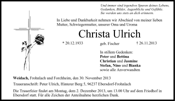 Traueranzeige von Christa Ulrich von Neue Presse Coburg