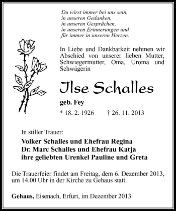 Traueranzeige von Ilse Schalles von Südthüringer Presse