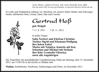 Traueranzeige von Gertrud Heß von Südthüringer Presse