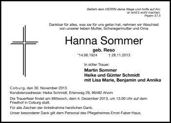 Traueranzeige von Hanna Sommer von Neue Presse Coburg