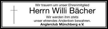 Traueranzeige von Willi Bächer von Frankenpost