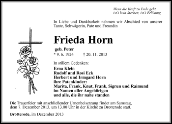 Traueranzeige von Frieda Horn von Südthüringer Presse