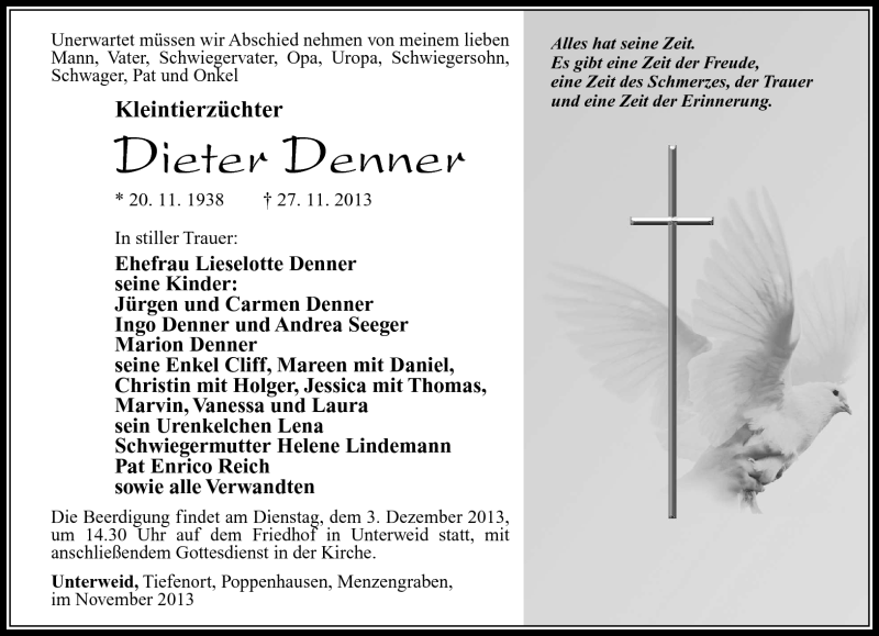  Traueranzeige für Dieter Denner vom 30.11.2013 aus Südthüringer Presse