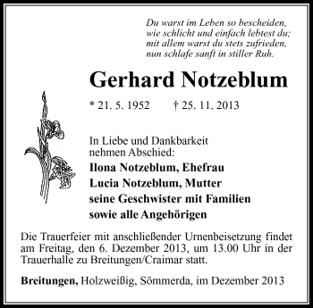 Traueranzeige von Gerhard Notzeblum von Südthüringer Presse