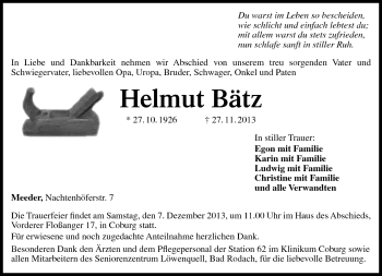 Traueranzeige von Helmut Bätz von Neue Presse Coburg