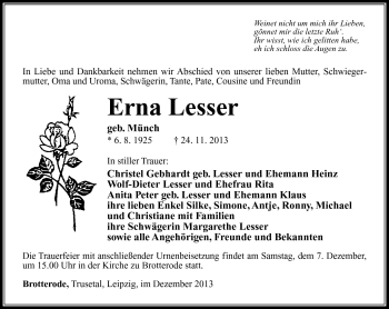 Traueranzeige von Erna Lesser von Südthüringer Presse