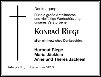 Traueranzeige von Konrad Riege von Südthüringer Presse