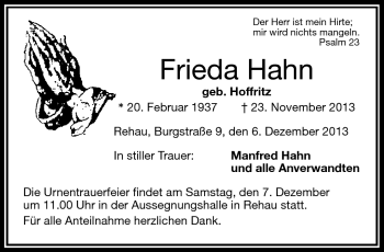 Traueranzeige von Frieda Hahn von Frankenpost