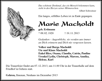 Traueranzeige von Marie Macholdt von Südthüringer Presse