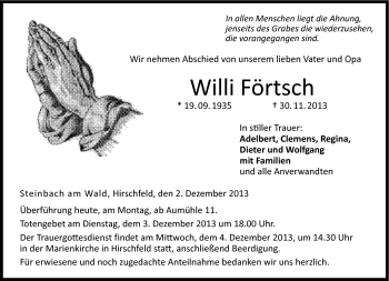 Traueranzeige von Willi Förtsch von Neue Presse Coburg