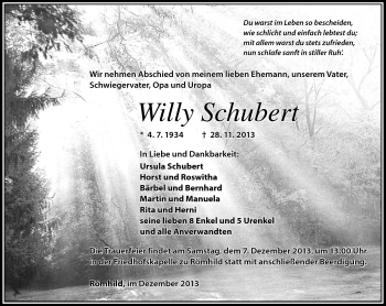 Traueranzeige von Willy Schubert von Südthüringer Presse