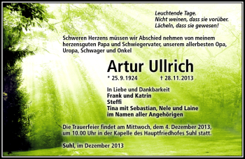 Traueranzeige von Artur Ullrich von Südthüringer Presse