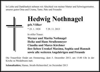 Traueranzeige von Hedwig Nothnagel von Südthüringer Presse