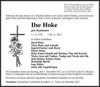 Traueranzeige von Ilse Hoke von Südthüringer Presse