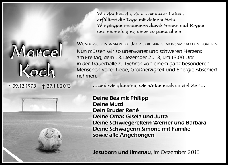  Traueranzeige für Marcel Koch vom 04.12.2013 aus Südthüringer Presse