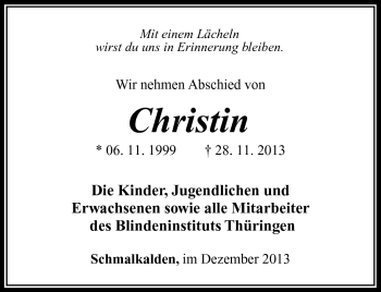 Traueranzeige von Christin Na von Südthüringer Presse