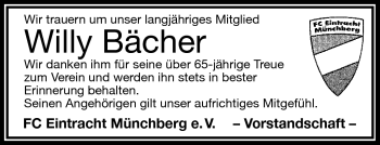 Traueranzeige von Willy Bächer von Frankenpost