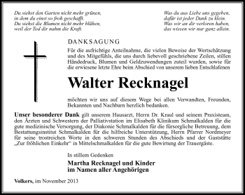 Traueranzeige von Walter Recknagel von Südthüringer Presse