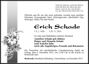 Traueranzeige von Erich Schade von Südthüringer Presse