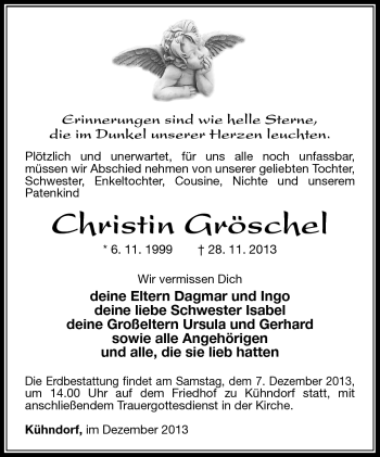 Traueranzeige von Christin Gröschel von Südthüringer Presse