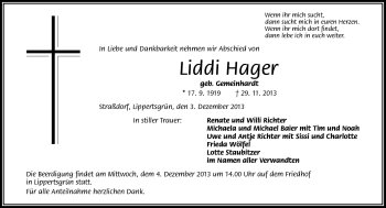 Traueranzeige von Liddi Hager von Frankenpost