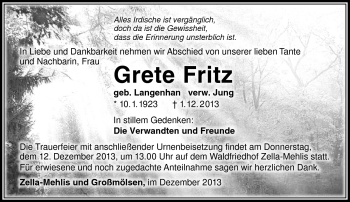 Traueranzeige von Grete Fritz von Südthüringer Presse