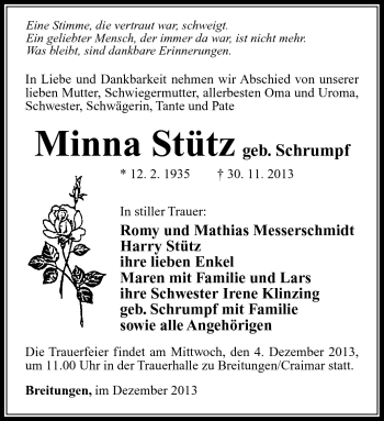 Traueranzeige von Minna Stütz von Südthüringer Presse