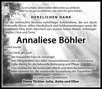Traueranzeige von Annaliese Böhler von Südthüringer Presse