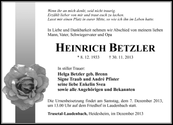 Traueranzeige von Heinrich Betzler von Südthüringer Presse
