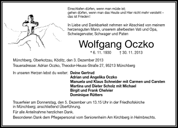 Traueranzeige von Wolfgang Oczko von Frankenpost