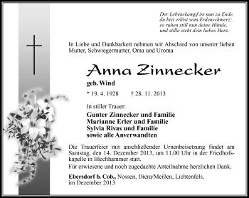 Traueranzeige von Anna Zinnecker von Südthüringer Presse
