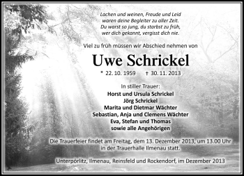 Traueranzeige von Uwe Schrickel von Südthüringer Presse