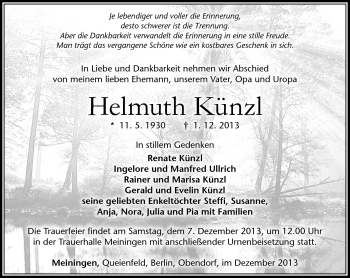 Traueranzeige von Helmuth Künzl von Südthüringer Presse